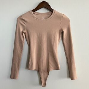 Nuuds Womens Ribbed Long Sleeve Crew Neck Bodysuit Tan Sand XS